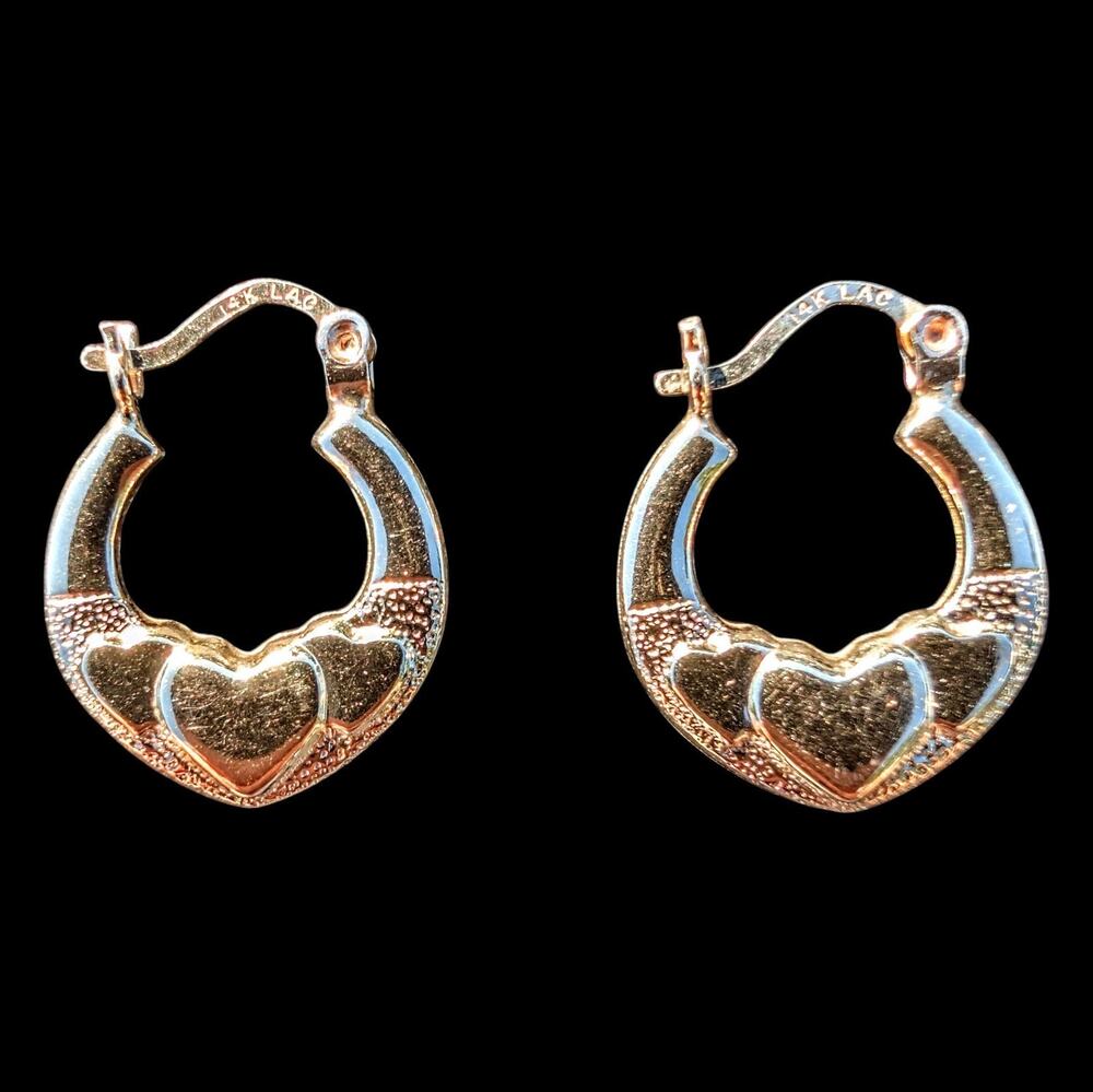 Vintage 14K LAC Gold Heart Hoop Earrings 3/4"